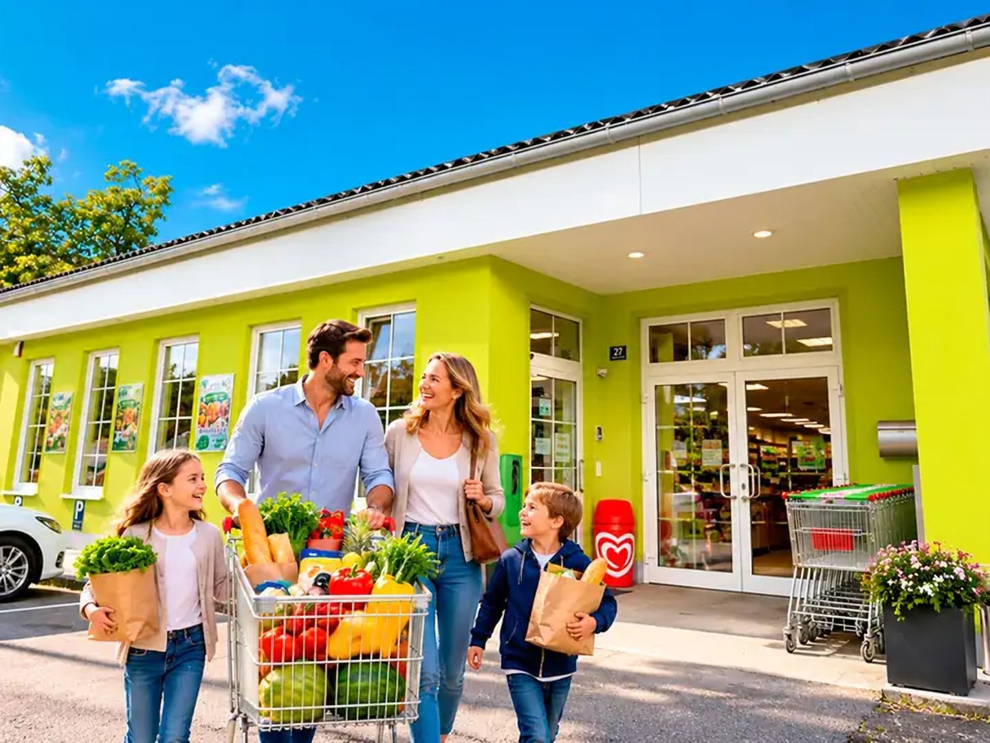Eine Familie mit Einkaufswagen und Papiertüten vor dem grün-weißen Glückstreff.